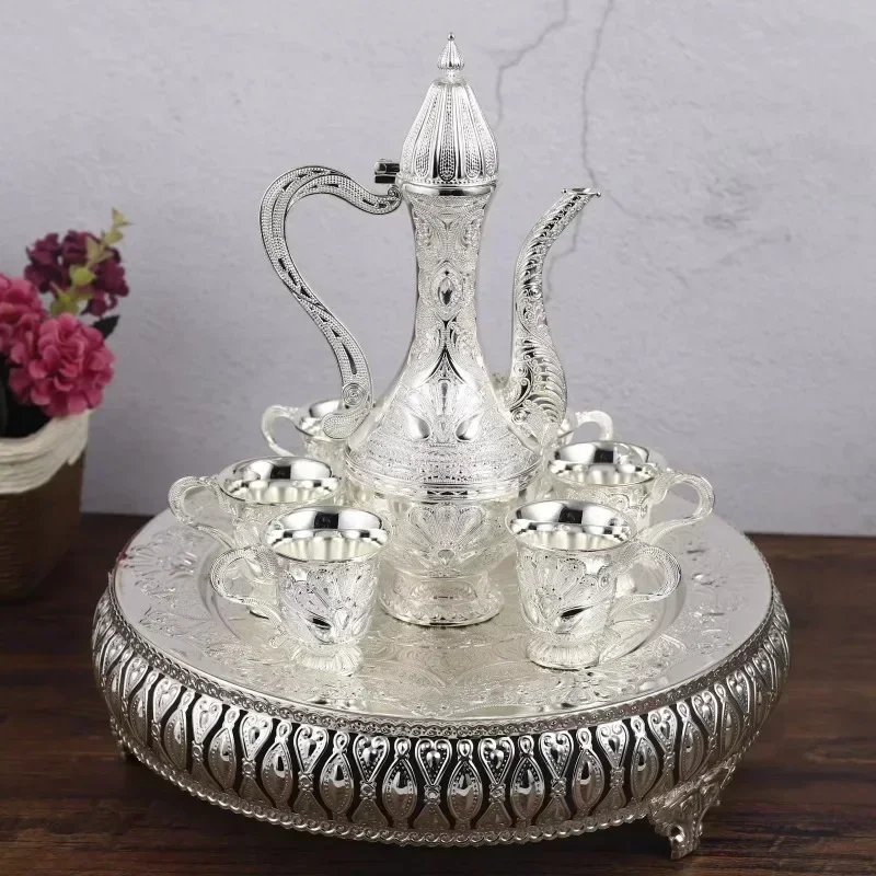 cross-border Decoration Home  Cast Iron Coffee Tea Set Inter Crystal Stone with Teapot Tray and  6 Cups