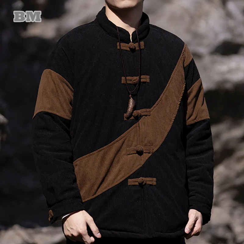 Winter Chinese Style Vintage Plus Size Corduroy Padding Coat Patchwork Jackets For Men Clothing Tai Chi Kung Fu Parkas Male