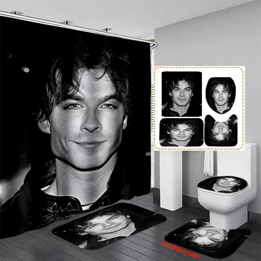 phechion Ian Joseph Somerhalder 3D Print Waterproof Bathroom Shower Curtain Toilet Cover Mat Non-Slip Floor Mat (1/3/4Pcs) W37