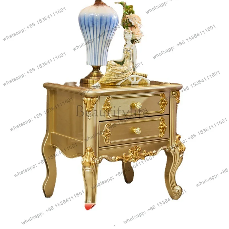 European bedside table solid wood carving flower storage locker luxury noble gold