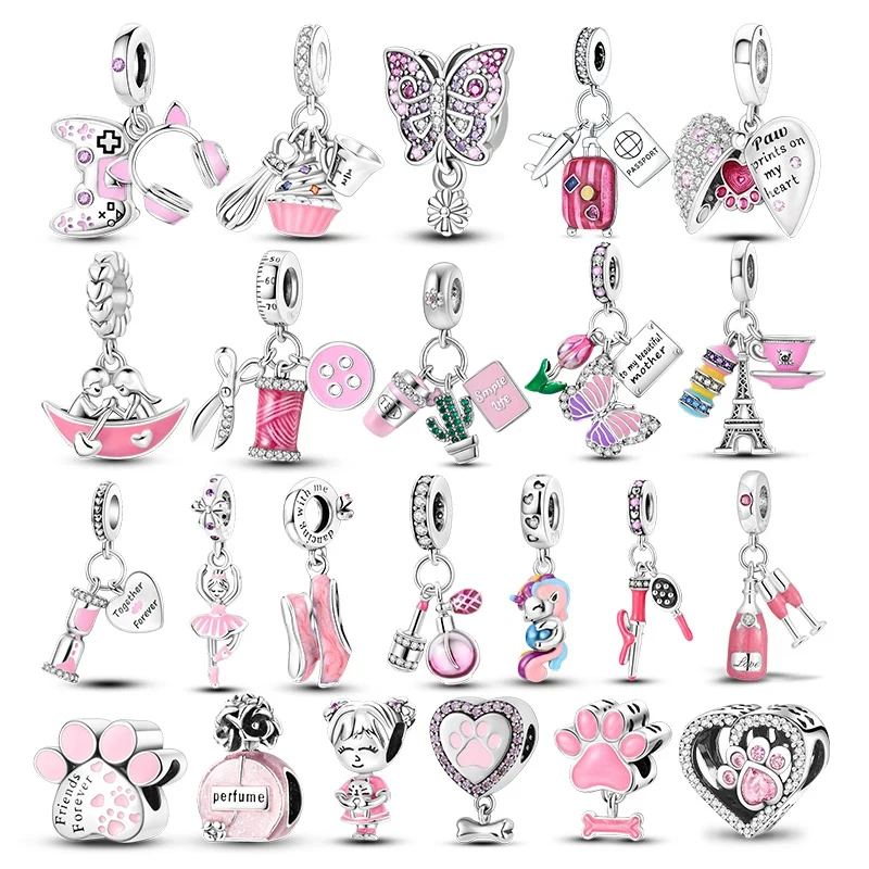 תליון סדרת תליונים ורודים מכסף 925, תליון מקסים בצורת בקבוק בושם ורוד, חרוזי תליון מתאימים לשרשרת או לצמיד מקורי