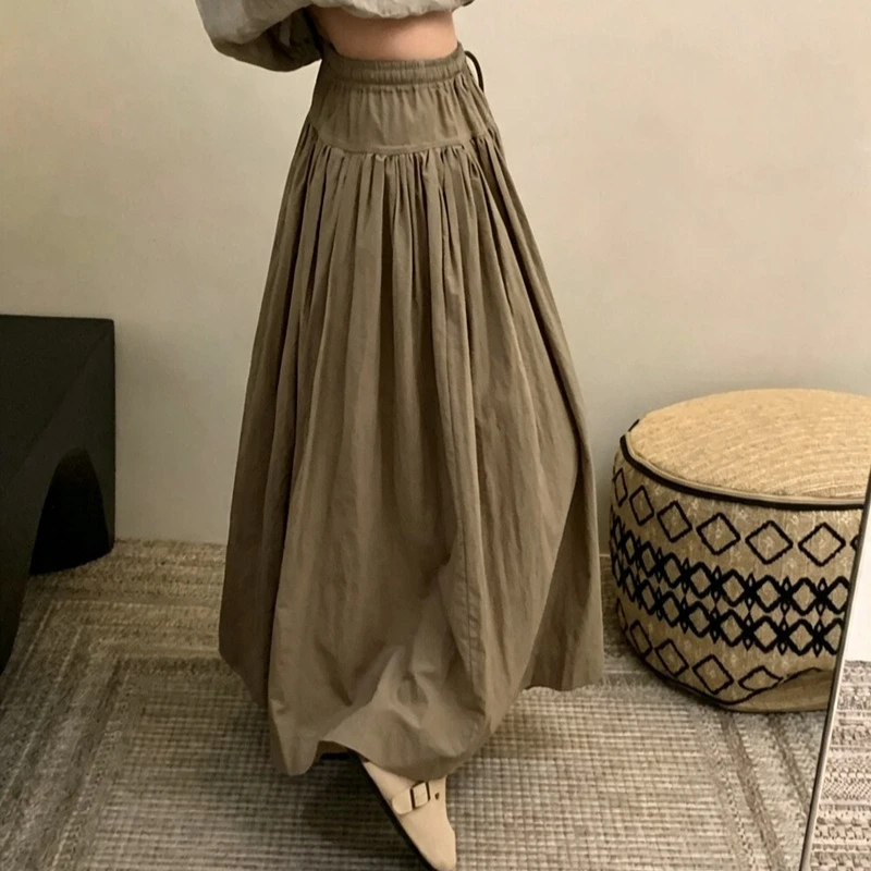 Korean Style Fashion Minimalist Pleated A-Line Maxi Skirt Autumn High Waist Versatile Casual Khaki Black Long Skirts for Women