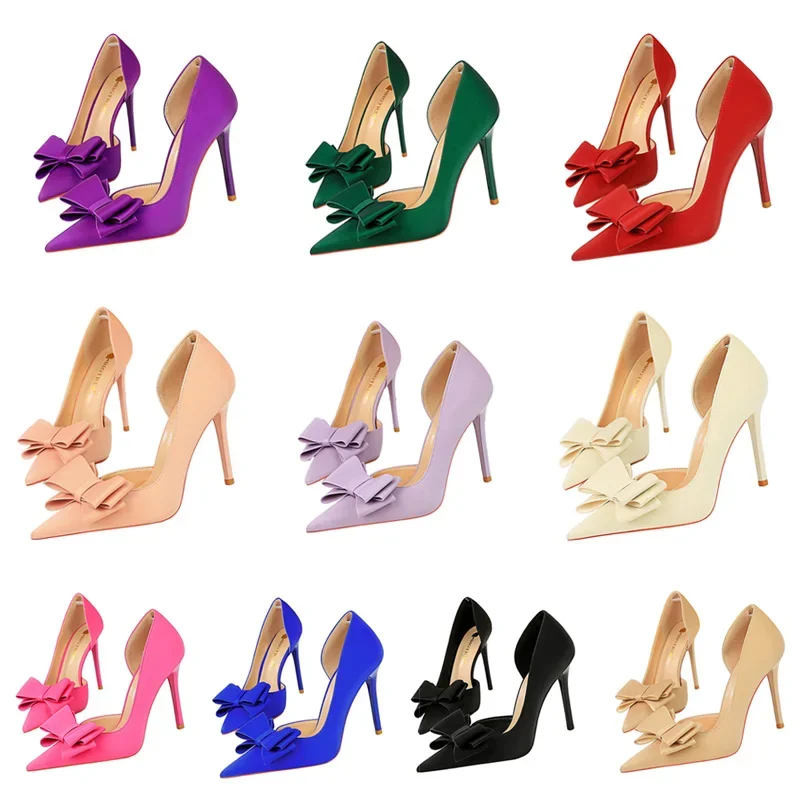 2024 Women 10.5cm High Heels Sweet Korean Side Hollow Pumps Lady Party Purple Green Kawaii Bowknot Heels Prom Silk Satin Shoes