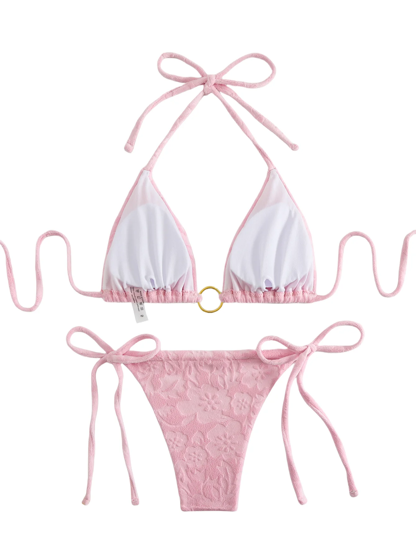 Nuevo Conjunto de Bikini rosa con parte superior triangular Floral, parte inferior con lazo lateral, traje de baño de dos piezas para mujer, Bikini Sexy con cuello Halter, traje de baño para playa para mujer