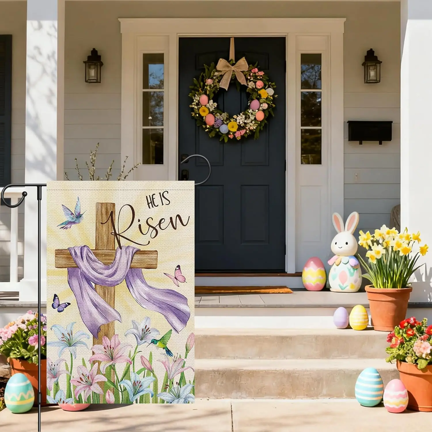 Heyfibro He is Risen Easter Wooden Cross Garden Flag 12x18 Double Sided Burlap, Lily Flower Hummingbird Butterfly Yard Banne IIC