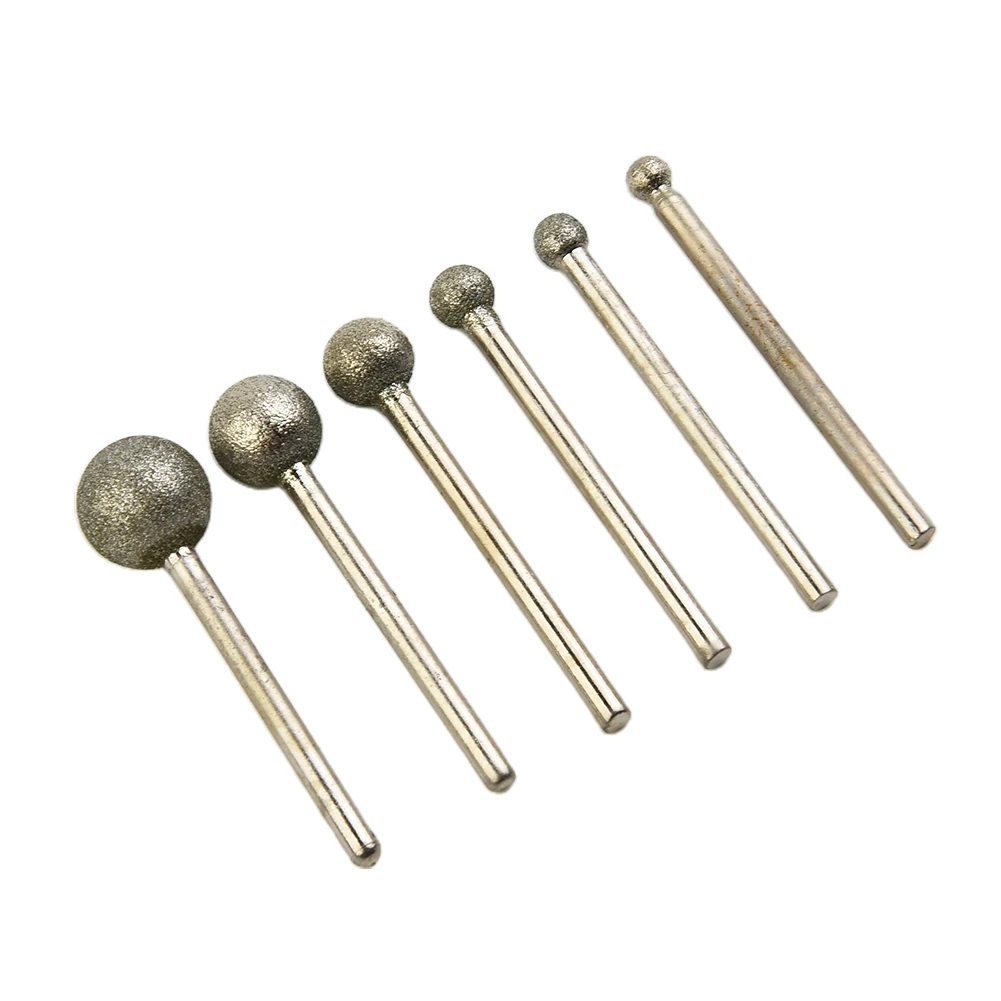 6pcs Diamond Round Ball Burr Drill Bit Set For Carving Engraving Drilling 4/5/6/8/10/12mm Grinding Needle Head Rotary Tool