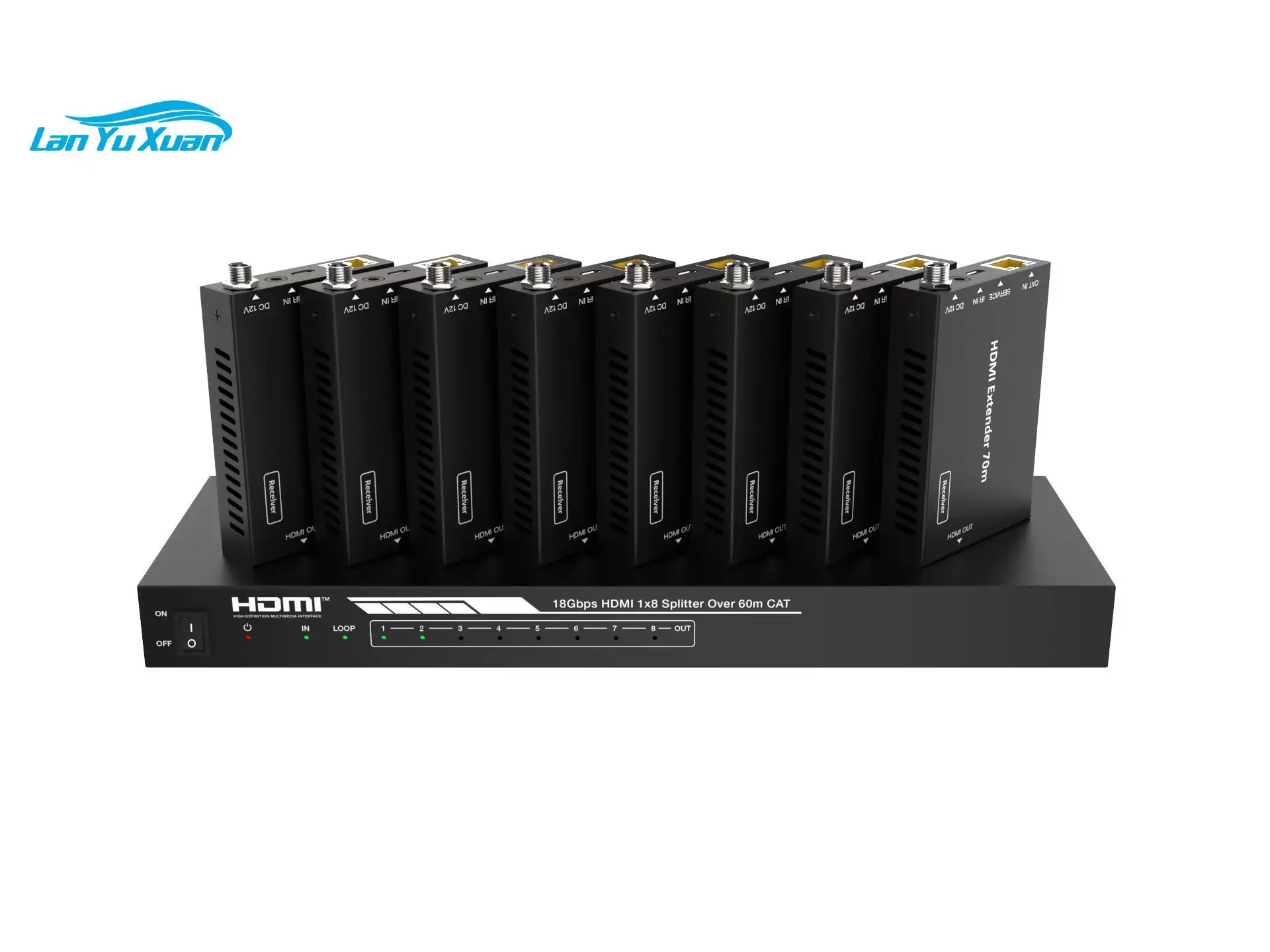 HDMI 1X8 Splitter Extender 1 Input 8 Output Kit 2.0B HDMI Over Cat5e/6 up to 60m with 1 Loopout 4K60Hz 4:4:4 HDCP2.2