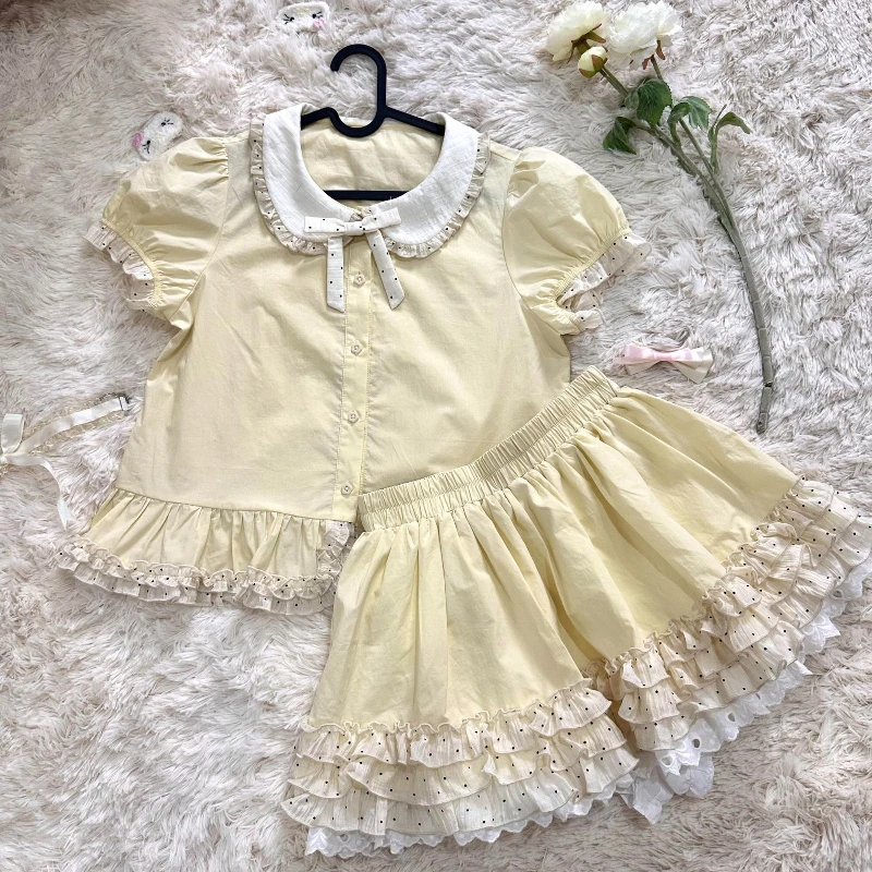 

Sweet Kawaii Yellow Puff Sleeve 2-piece Set Women Summer Lovely Bow Doll Collar Shirt Female High-waist Lace Cake Short Skirt