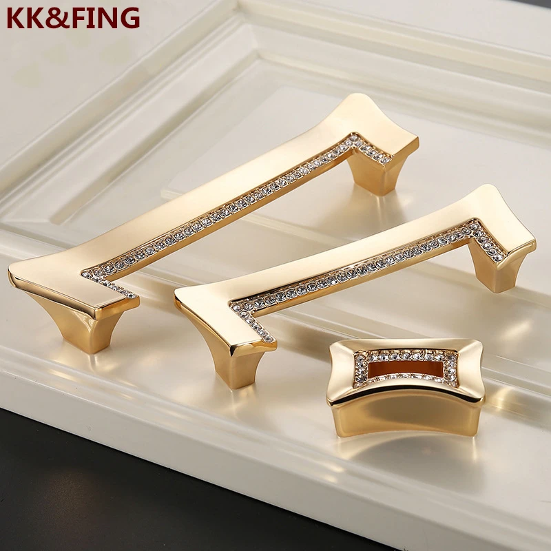 KK&FING Luxury Diamond Furniture Cabinet Handles Gold Crystal Wardrobe Cupboard Door Pulls Drawer Knobs High-end Decoration