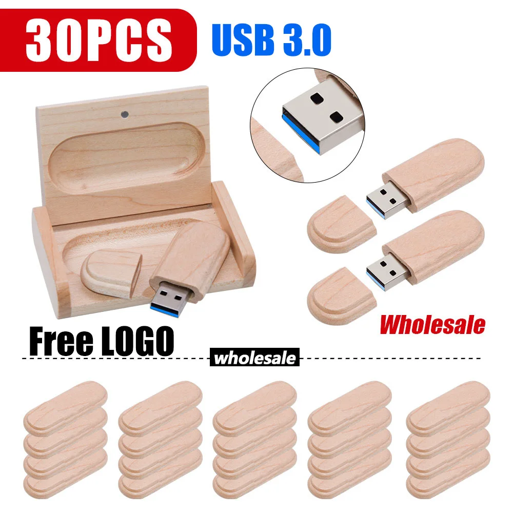Clé USB 3.0 gravée avec logo en bois de haute qualité, clé USB, 8 Go, 16 Go, 32 Go, 64 Go, cadeau de mariage, clé USB 128G, 30 pièces