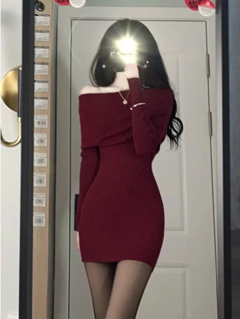 

Sexy Spicy Girl Red Dress for Women in Autumn and Winter New Style Slim and Slim Fit One Shoulder Bottom Wrapped Hip Skirt KXLL