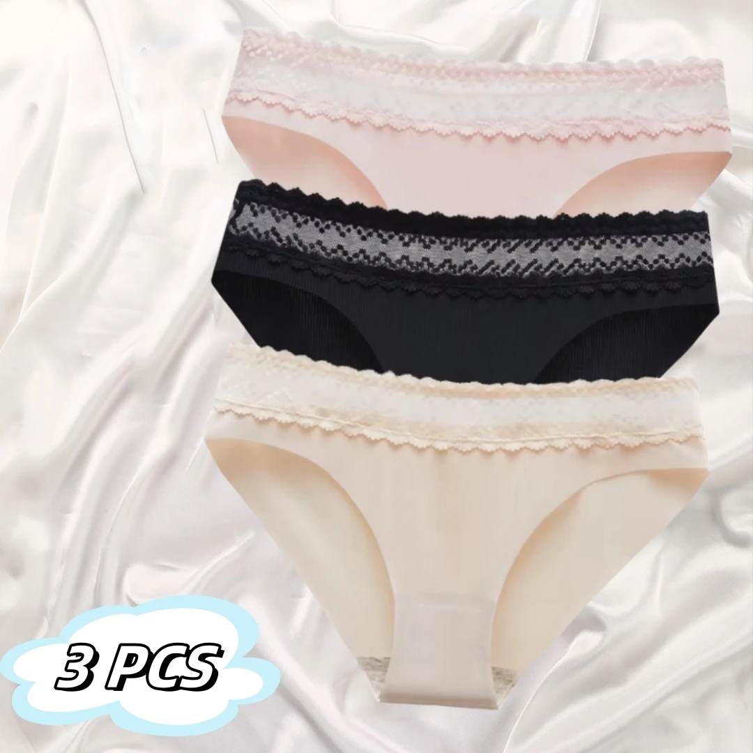 

3PCS High Elastic Lace Side Waist Women's Comfortable Briefs New Ice Silk Thread Traceless Girl's Underwear Striped Solid Color