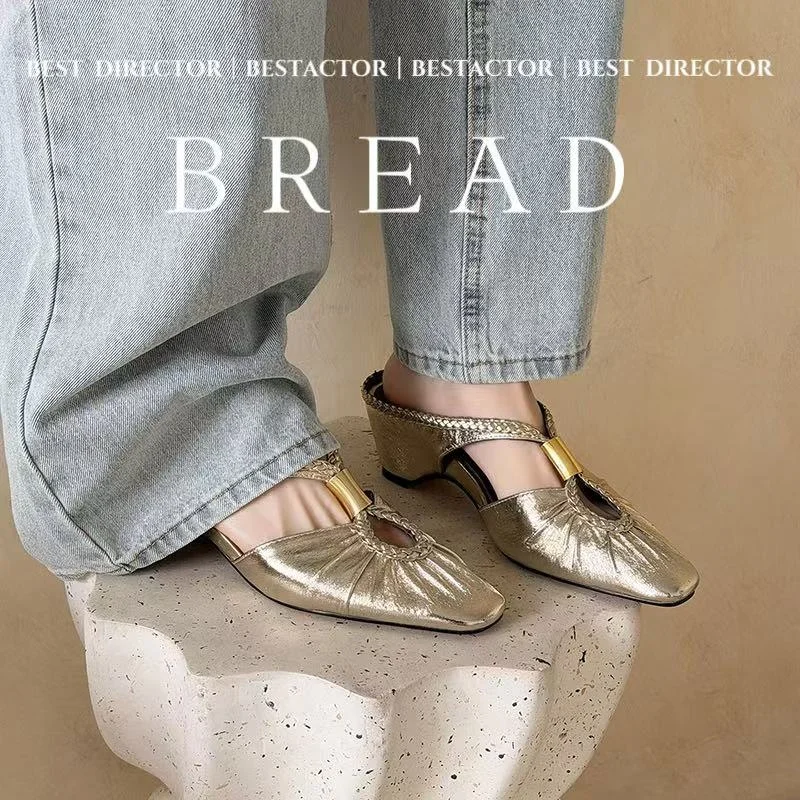 2026new summer women sandals natural leather 22-25cm cowhide+sheepskin+pigskin square toe pleated mules high heel women slippers