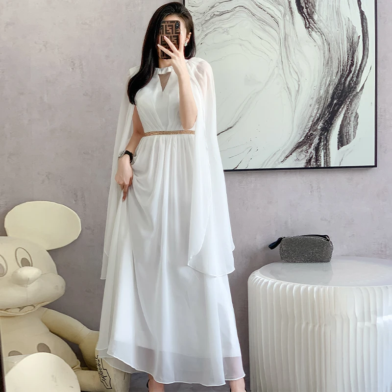 New Chiffon Fashion Elegant Long Batwing Sleeve White Dress Slim Ball Gown Evening Party Women Summer Floor Length Maxh Dresses