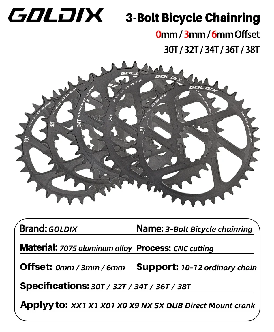GOLDIX Ultraleichtes Fahrrad-Kettenblatt 0/3/6mm Offset Breite Schmale Zähne 30/32/34/36/38T für 3-Bolzen-Kurbelgarnitur MTB Einzelkurbel – Detail 1