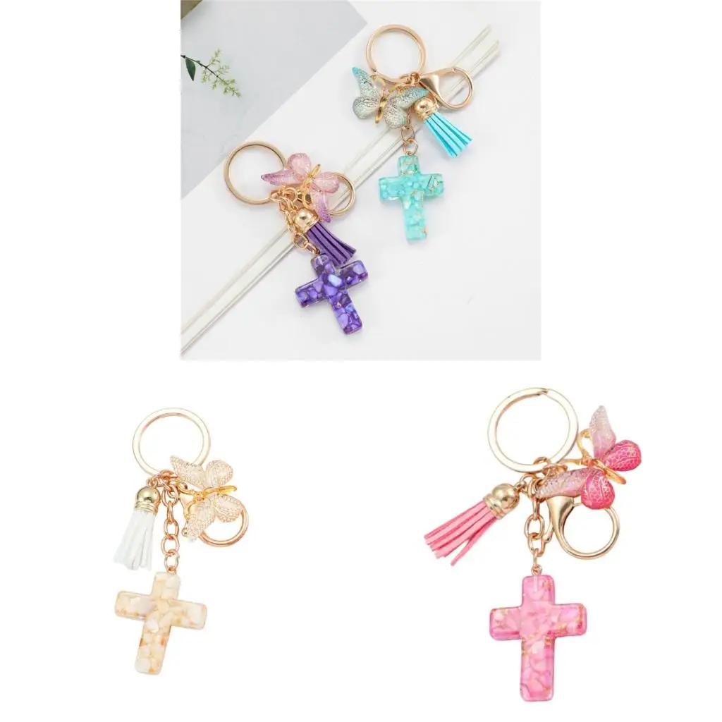  Resins Crosses and Butterfly Keychain with Tassels for Everyday Use Christian Accessories Backpack Bag Charm Decoration