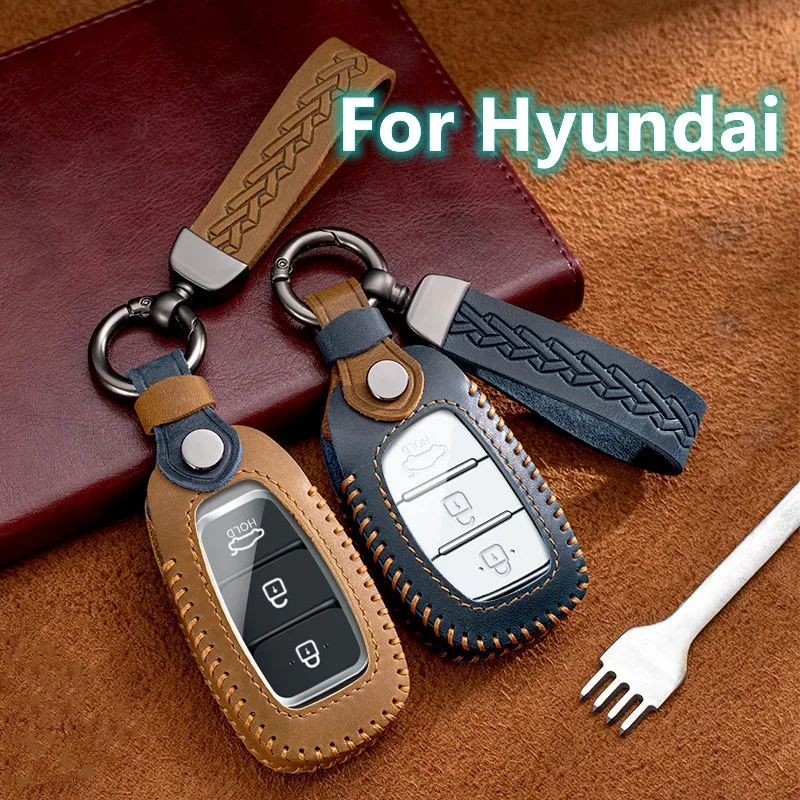 

Leather Car Remote Key Case Cover Shell For Hyundai Tucson Santa Fe Rena Sonata Elantra Creta Ix35 Ix25 i10 i30 i40