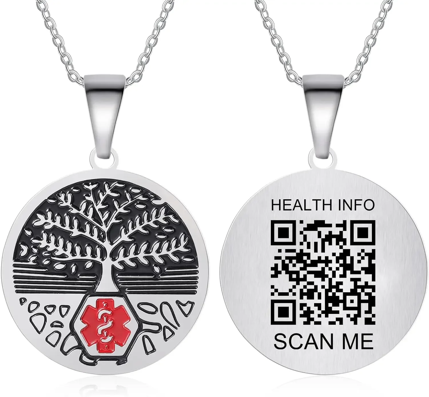 

Tree of Life Medical Alert Custom QR Code Necklaces Round Pendant for Men Woman ICE SOS Jewelry