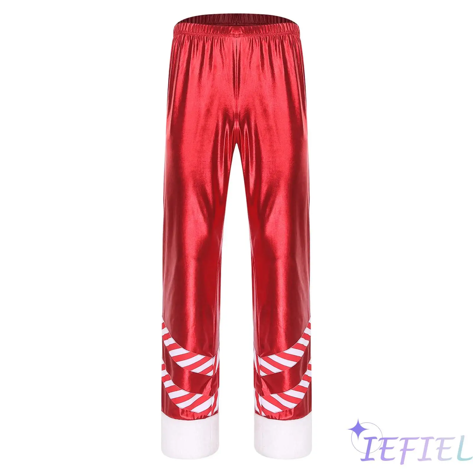 

Mens Metallic Shiny Christmas Wide Leg Pants Striped Patchwork Plush Leg Openings Long Pants for Xmas Santa Cosplay Party