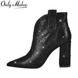 Onlymaker Women Pointed Toe Ankle Boots Zipper Rhinestone Pointed Toe Chunky Heel Rhinestones Bling Party Dress Lady Boots