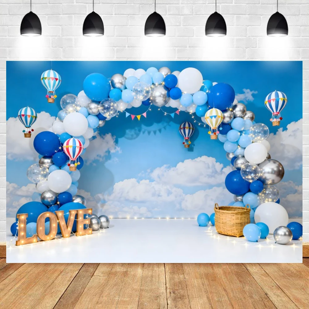 Newborn 1st Birthday Photography Backdrop Blue Sky White Cloud Wall Balloon Arch Baby Shower Kids Boys Portrait Photo Background