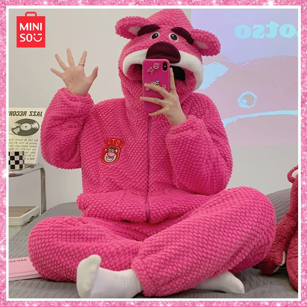 2023 Miniso Lotso New Fall Coral Velvet Cartoon Cute Sweet Pajamas with Thick Home Wear Two-Piece Rose Red Christmas Girl Gift