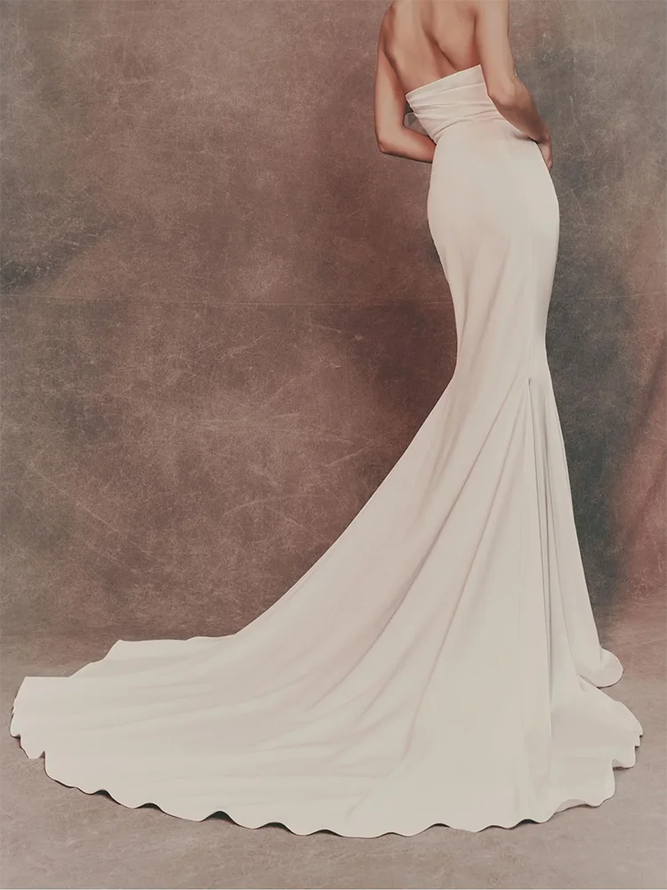 클래식 끈 없는 리본 민소매 심플 머메이드 신부 웨딩드레스 맞춤 제작