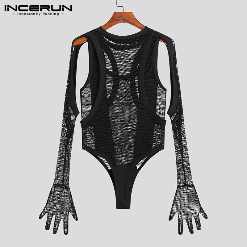 Stylish Loungewear Rompers INCERUN Men See-through Mesh Knitted Hollow Design Bodysuits Male Long Sleeve Triangle Jumpsuit S-5XL