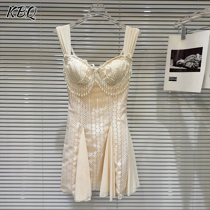 

KBQ Solid Spliced Pearl Slimming Folds Dresses for Women Square Collar Sleeveless High Waist Chic Dress Female Fashion Style New