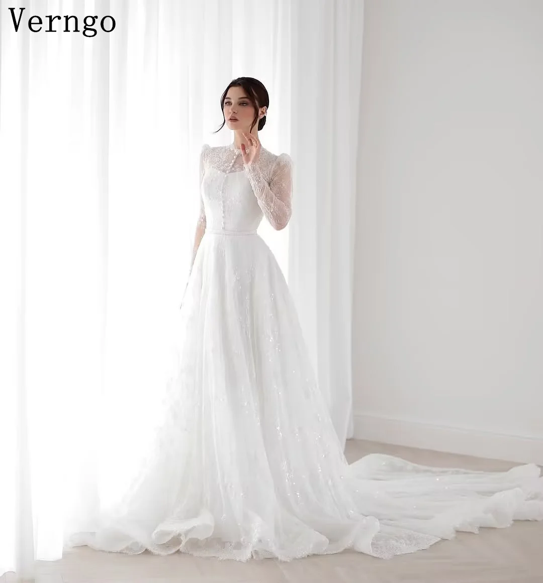 

Verngo lvory Lace Wedding Dress High Neck Full Sleeves A Line Bridal Gowns Elegant Modest Arabic Bride Dress Customzied