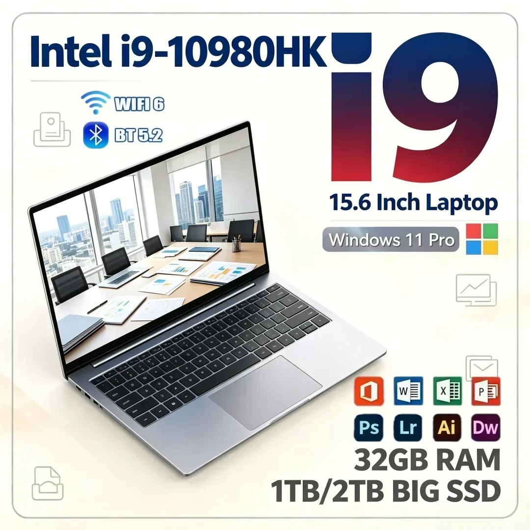 15.6 Inch Premium Grade Ultra Slim Laptop Intel i9-10980HK 16/32GB RAM 1TB/2TB Big SSD Portable Windows11 Study Office