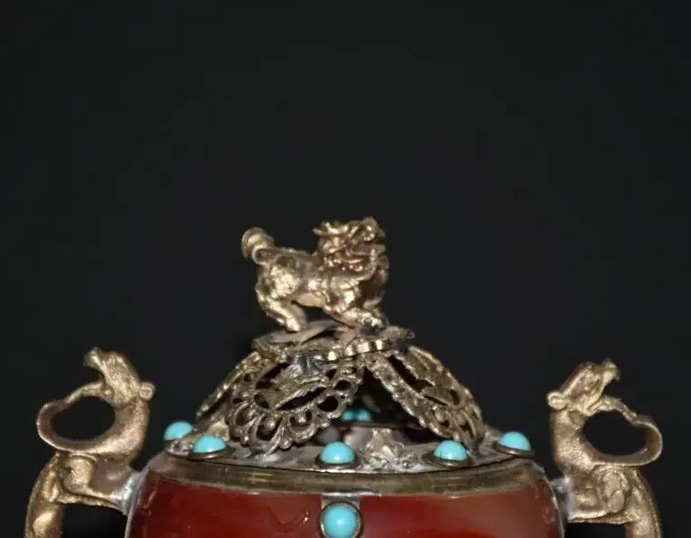 Antique Tibetan Silver Lion Statue Incense Burner Inlaid turquoise beads Home Decor Censer Crafts
