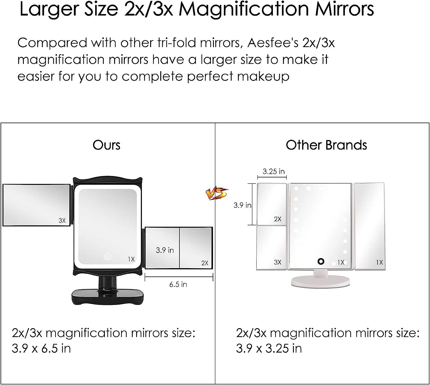 Miroir de maquillage éclairé avec lumières à intensité variable, miroir cosmétique de vanité LED à trois volets grossissant 3x/2x/1x, commande tactile 90 °   Rotation