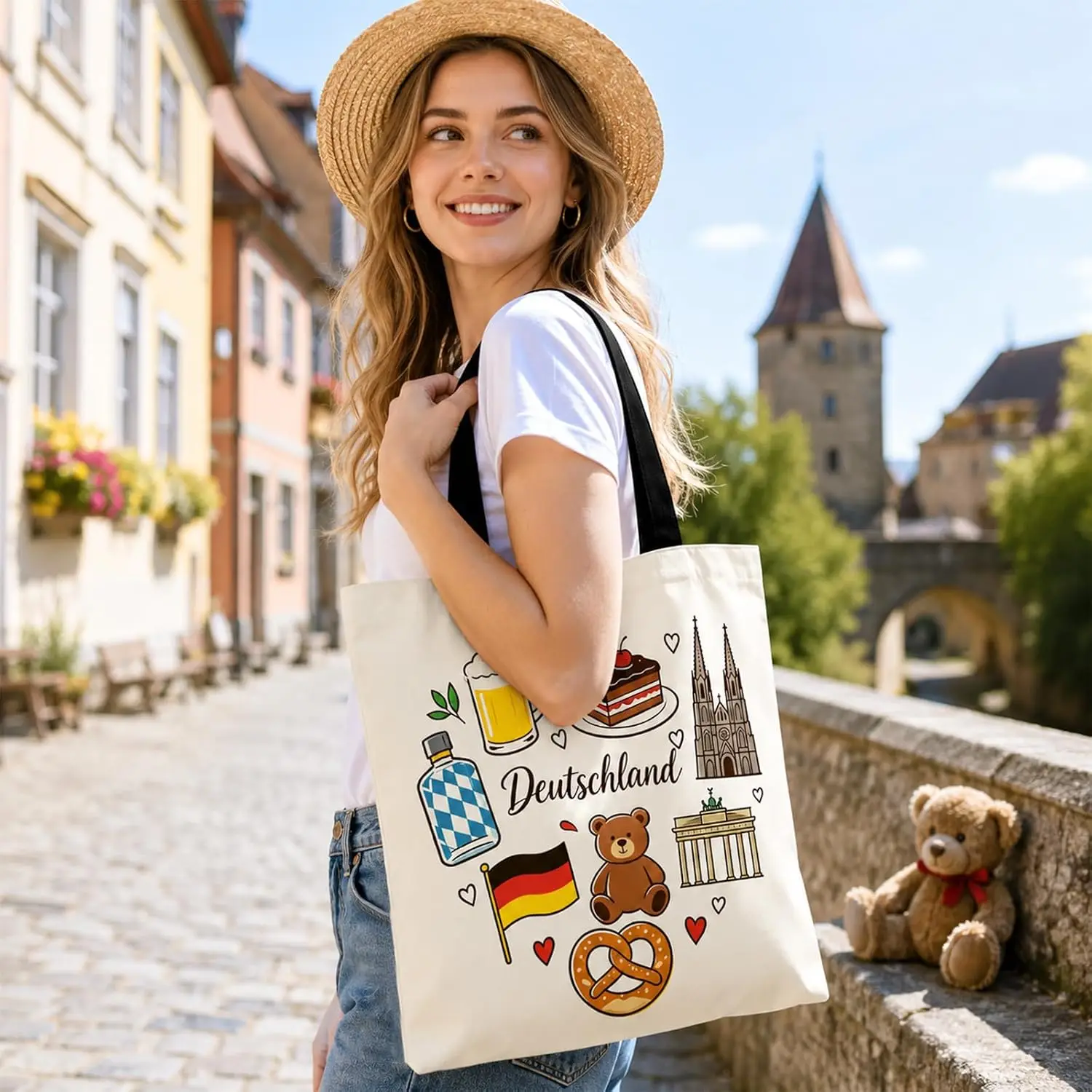 Cute Deutschland Germany Element Print Canvas Tote Bag Landmark Beer Pretzel Bear Pattern Reusable Shoulder Handbag Travel Gifts