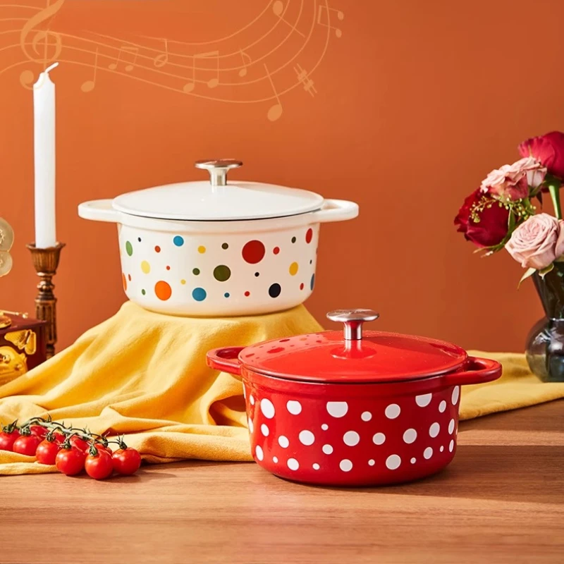 Retro Polka Dot Enameled Cast Iron Pot Heavy-Duty Manual Temp Control Stew Pot Triple Anti-Rust Home Soup Cookware