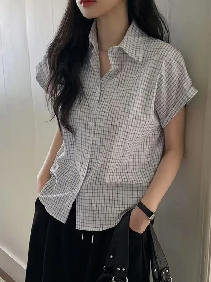 Csa de Manga Corta a Cuadros para Mujer, Verano 2025, Hoada, Versátil, Linda, Única, Hermosa, Estilo Casual, Corte Recto...