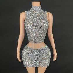 Shiny rhinestone silver sexy backless tight mini dress evening performance costume nightclub singer stage costume birthday party