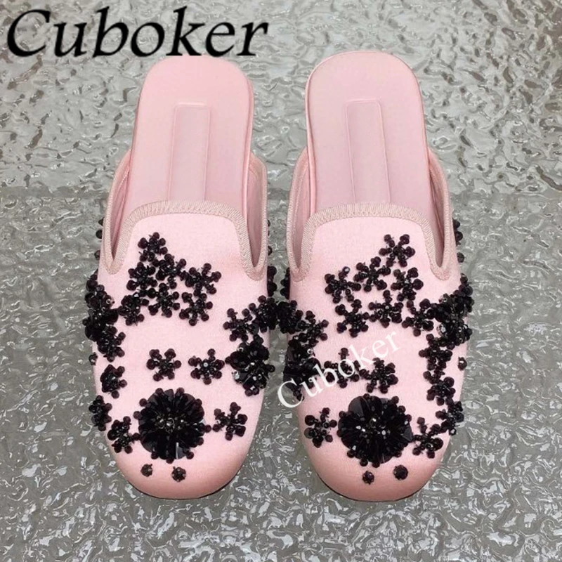 2024 Spring Crystal Flower Satin Ballet Flat Shoes Women Round Toe Slip-on Lazy Loafers Casual Walking Mules Shoes Zapatos Mujer