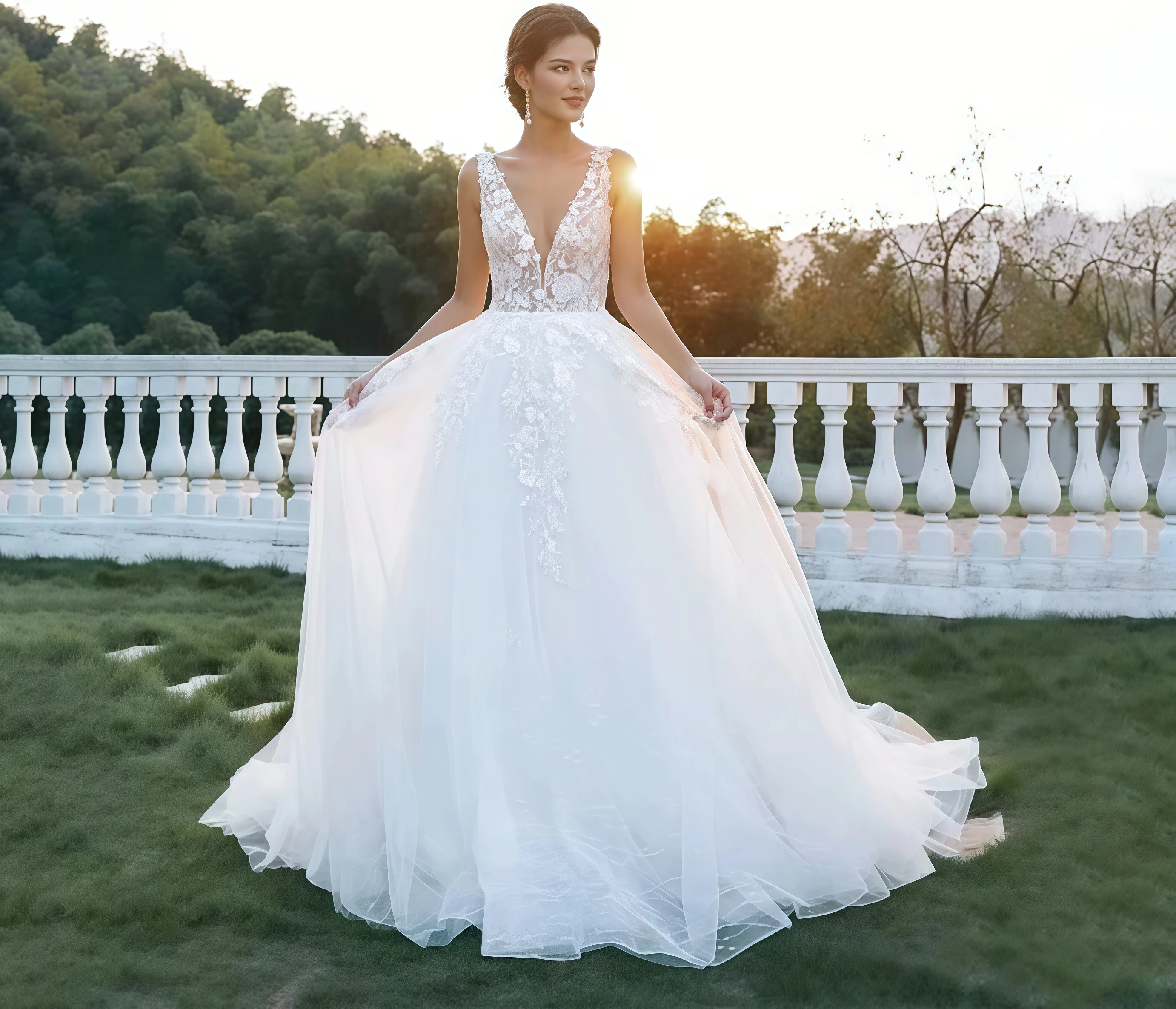 

V-Neck Tulle Wedding Dresses for Women Shoulder Strap Lace Applique Plus Size Sleeveless A-Line Long Bridal Gowns