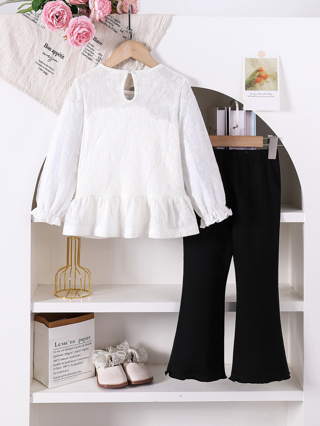 Girls Butterfly Knot Shirt And Bell Bottom Pants Set Casual Spring Autumn Outfit for Kids