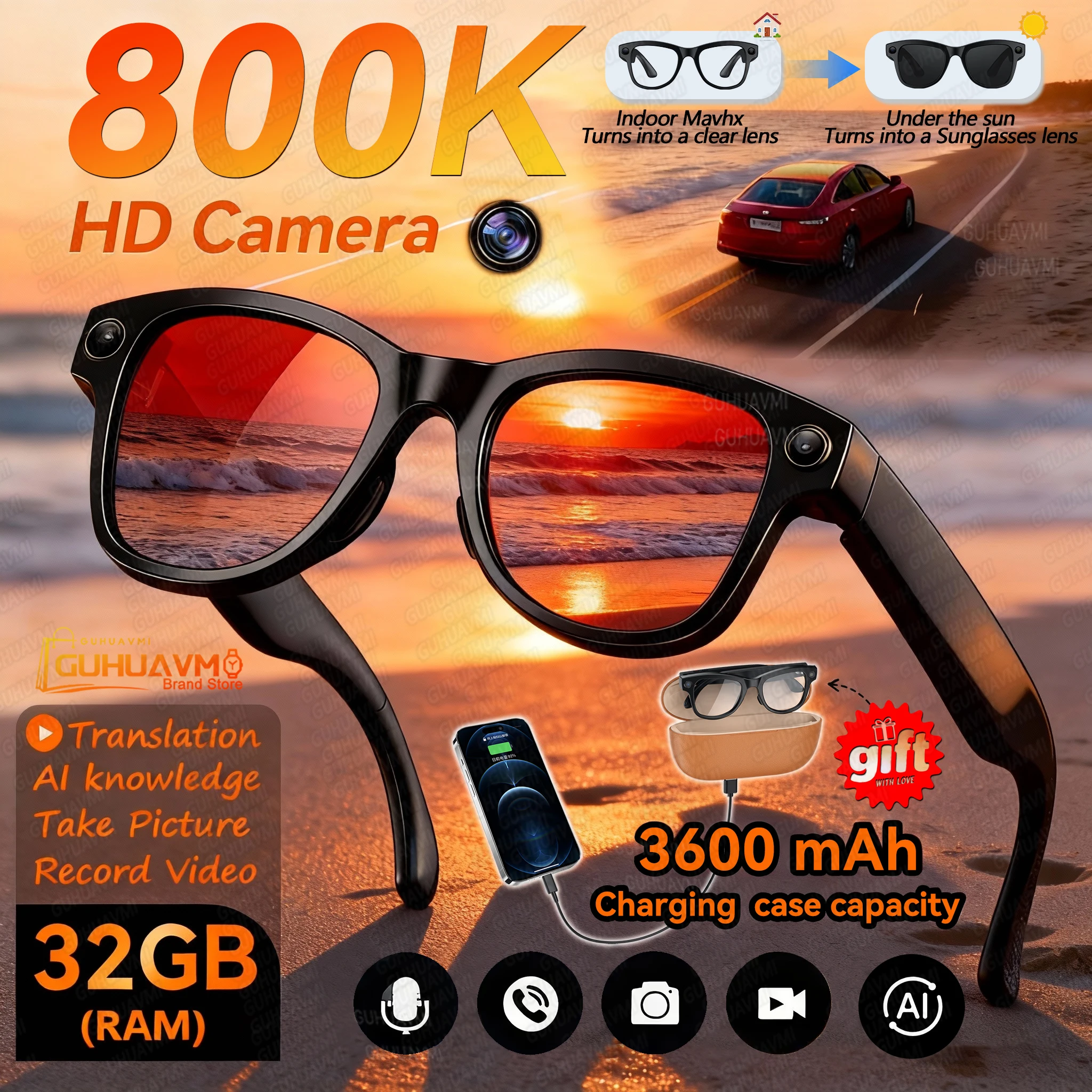 

2026New 800W 4K Camera Smart Glasses Men 3600mAh Power Real-timeTranslation Bank 32GB Photo Record Videos Music Sunglasses Women