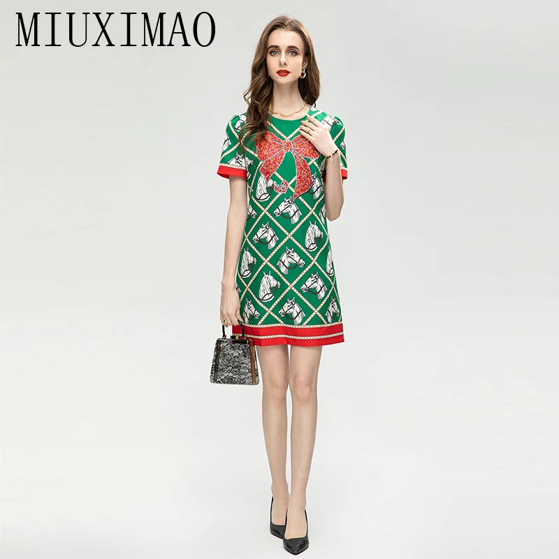 

MIUXIMAO 2023 High Quality Spring&Summer Elegant Dress Short Sleeve O-Neck Bow Diamonds Fashion Mini Dress Women Vestides