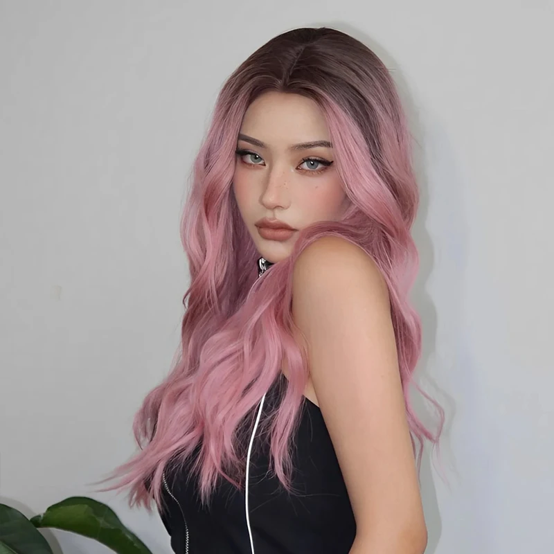 Pelucas rosas ombré, pelucas de pelo rosa sintético, peluca ondulada larga de parte media para mujeres, pelo falso resistente al calor, peluca de Cosplay rosa para fiesta