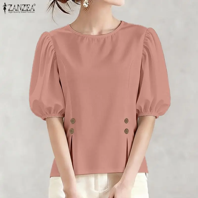 

Women Summer Solid Color Blouse 2026 ZANZEA Elegant Stylish OL Work Shirt Casual Short Puff Sleeve Tops Femme Slim Fit Blusas
