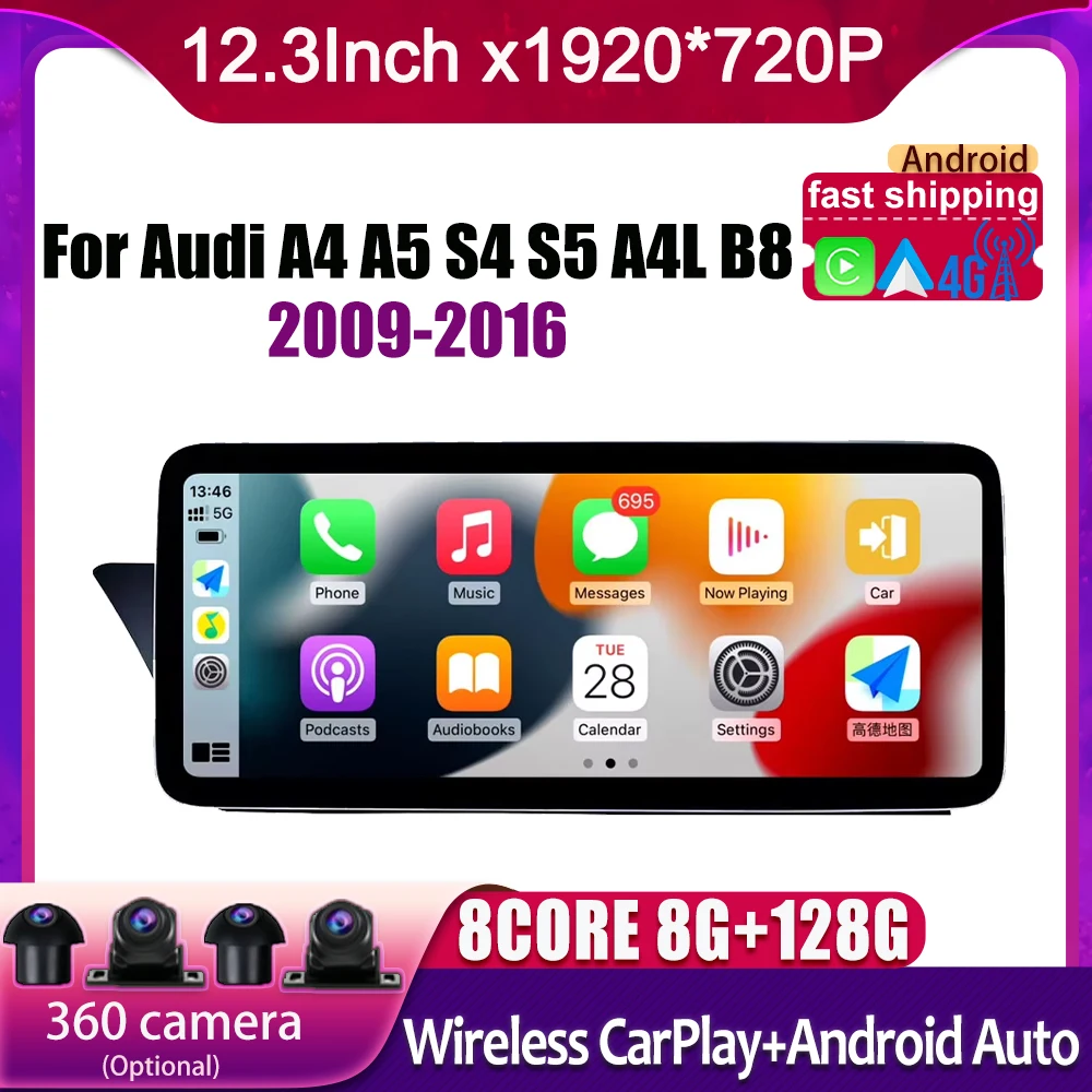 

For Audi A4 A5 S4 S5 A4L B8 2009-2016 Carplay Auto 12.3" Android 14 Touch Screen Car Monitors Multimedia Player Speacker Radio
