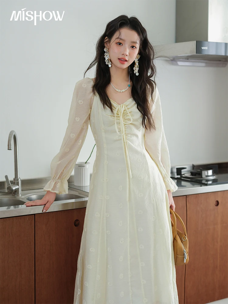 MISHOW Women's Cashew Flower Embroidered Dress 2025 Autumn V-neck Drawstring Long Sleeves Ladies Elegant Slim Dresses MXE41L2387