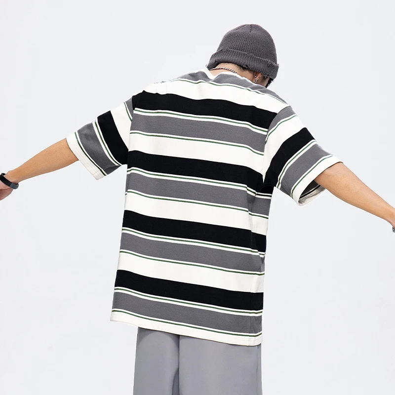 Striped Short Sleeve T-shirt Men Round Neck 2024 New Summer Youth Fashion Brand Loose Contrast Color Half Sleeve Clothes