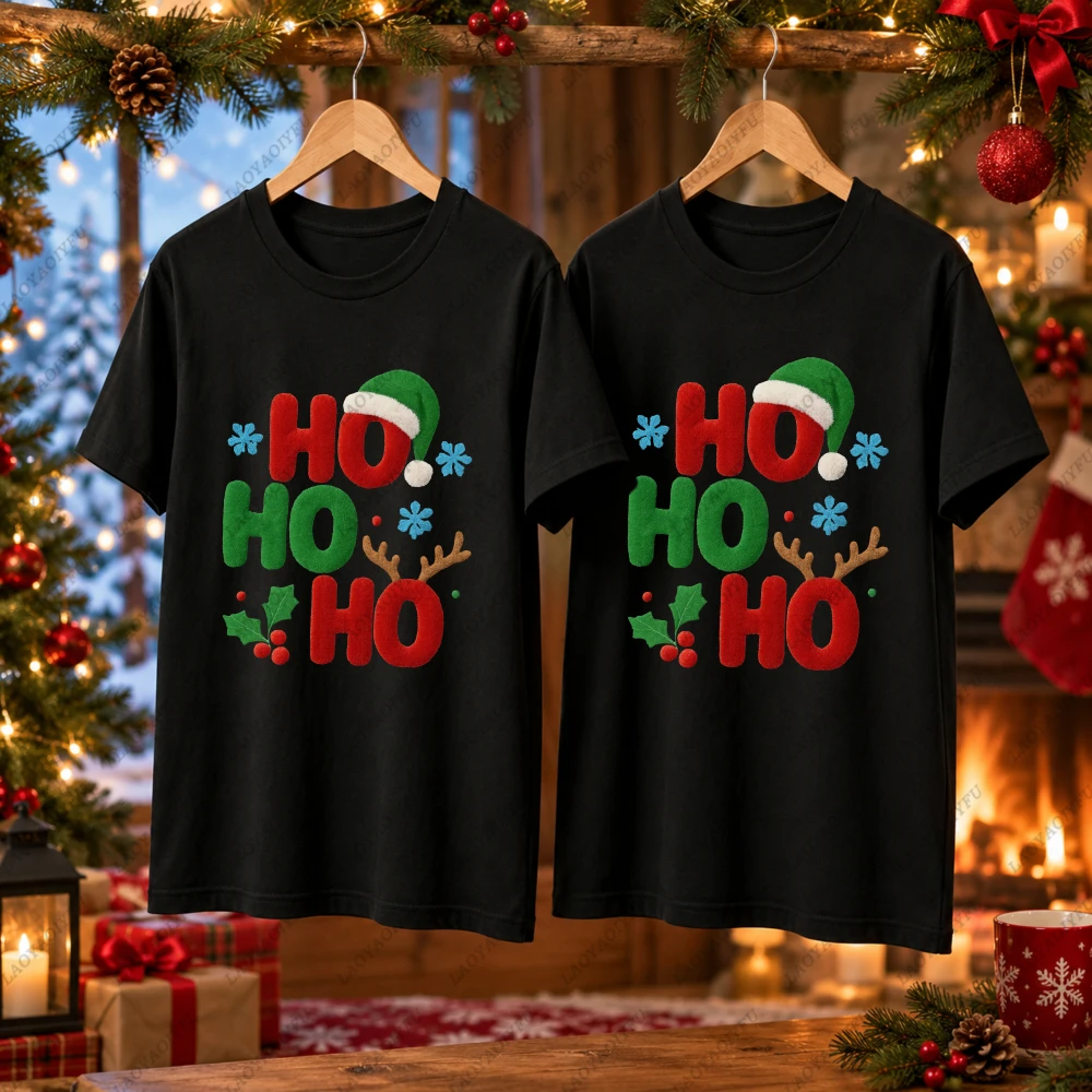 Ho Ho Ho Elf Hat Reindeer Antler Christmas Cotton TShirt Funny Xmas Holiday Winter Family Matching Cute Festive Graphic Gift Tee