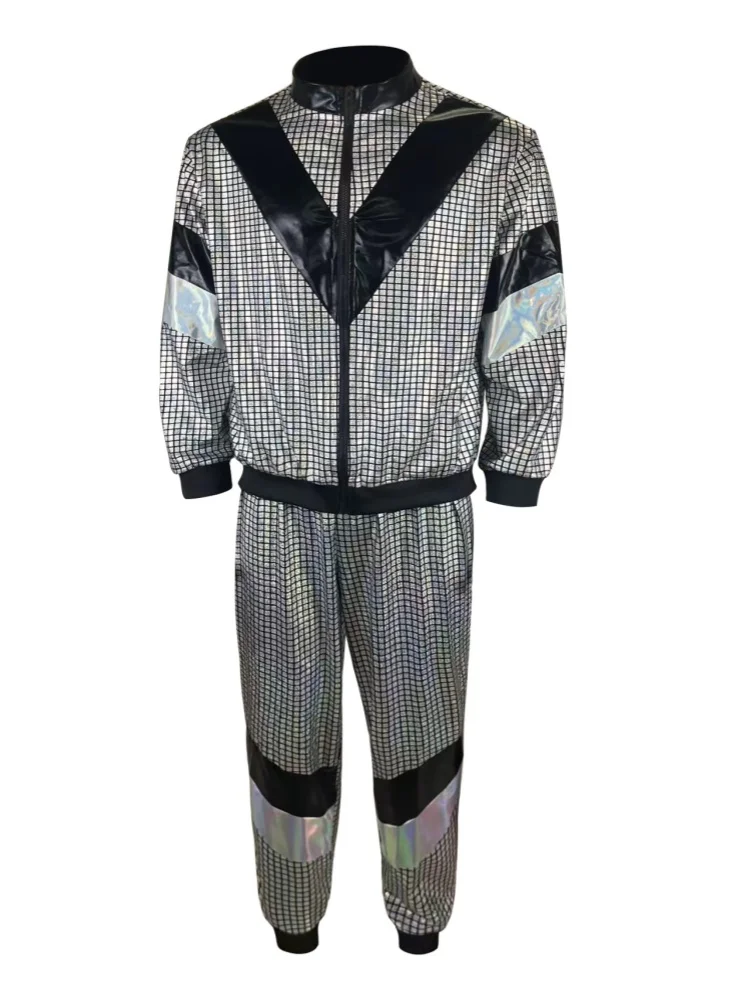 2Pcs Vintage 70s Hippie Disco Costume Sports Jacket Long Pants Suit Adult Cosplay Clothes Stage Party Performence Men Sportswear