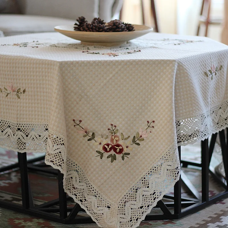 Pure Cotton Handmade Ribbon Embroidered Tablecloth Rectangular Tea Table Towel Square Cover Cloth Country Style Home Fabric